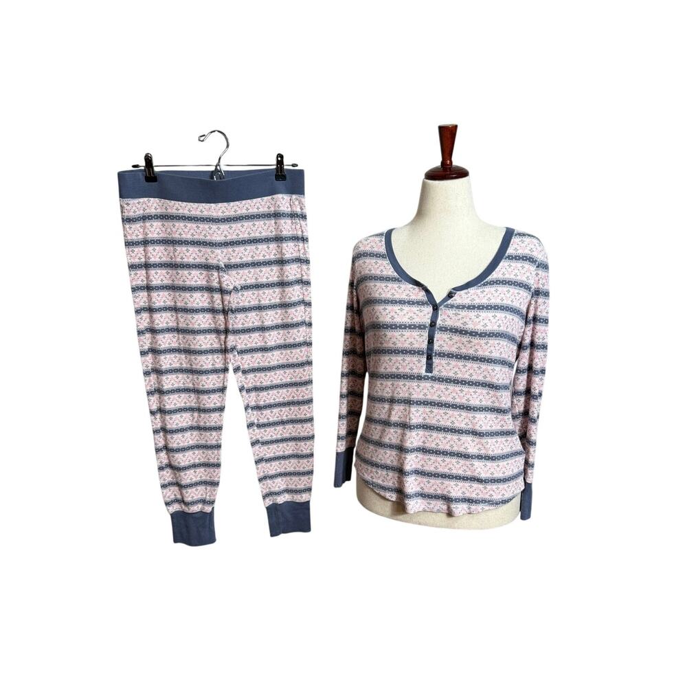 Victoria’s Secret sleep set pink & gray stripe long sleeve v neck loose comfy  M